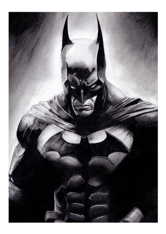 Hand-drawn portrait of Batman in his iconic black suit, standing in Gotham City with the Bat-Signal shining in the sky. Perfect for DC Comics fans and collectors of superhero art.