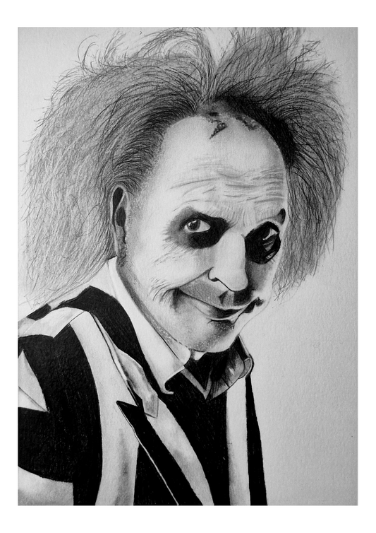 Hand-drawn pencil portrait of Beetlejuice, high-quality art print in A3, A4, A5 sizes by Daz Smith Art