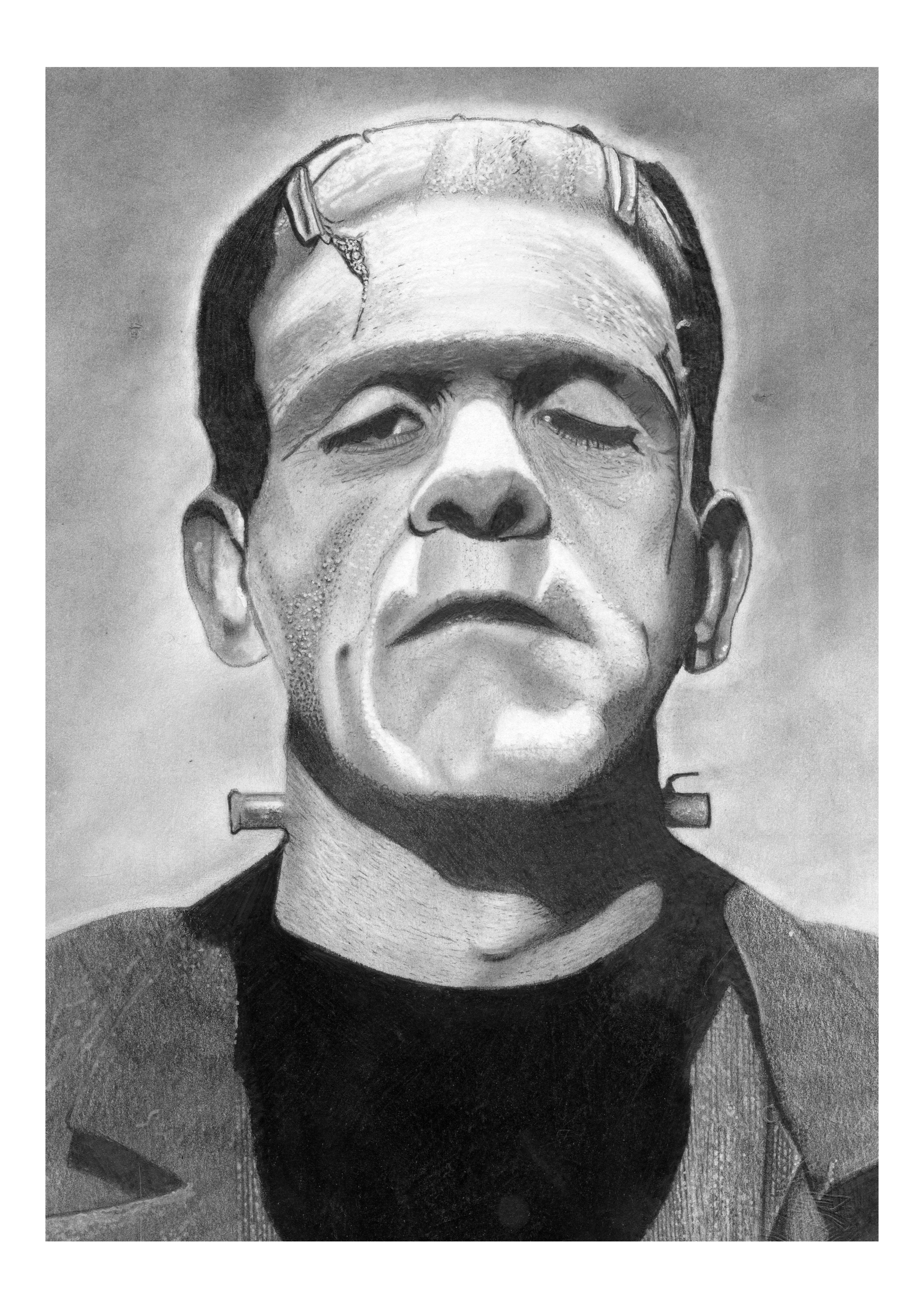 Hand-drawn portrait of Boris Karloff as Frankenstein’s monster, with his iconic flat head and bolts, illuminated by a shadowy, vintage-style background. A timeless addition for fans of classic horror cinema