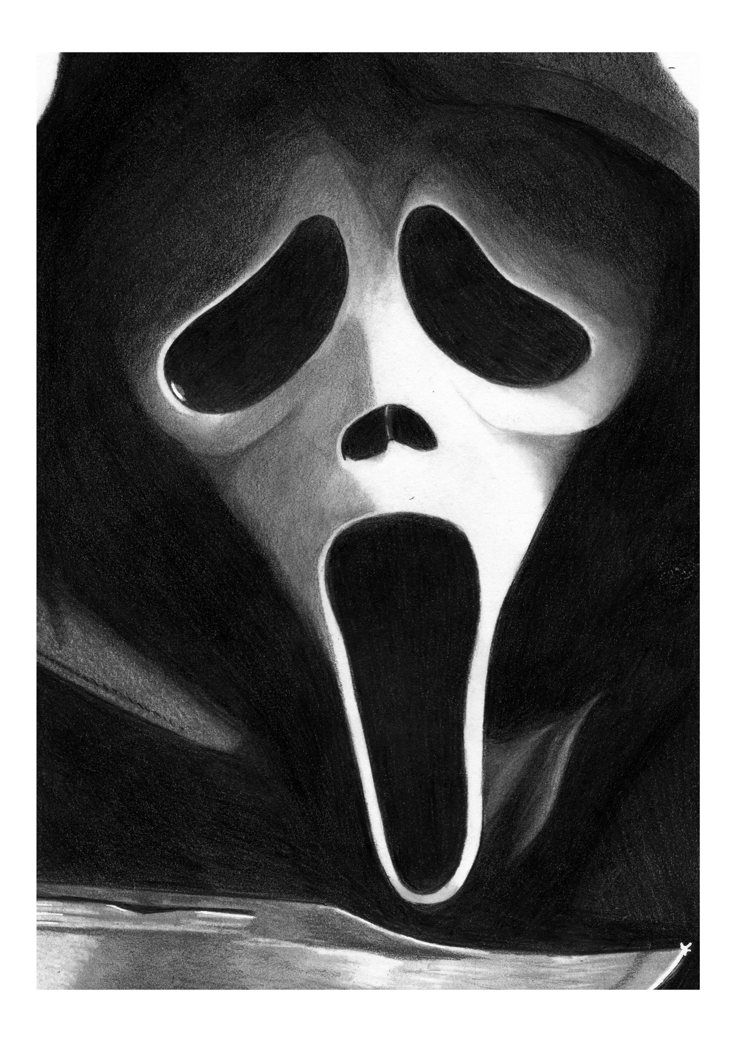 Hand-drawn portrait of Ghost Face from the Scream series, holding a bloodied knife, set against a spooky, misty background. Perfect for horror enthusiasts and collectors of slasher film art