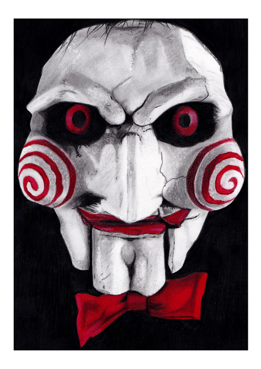 Hand-drawn portrait of Billy the Puppet from the Saw franchise, with his eerie red spiral cheeks and bow tie, set against a dark, ominous background. A must-have for horror fans and collectors of iconic movie villains.