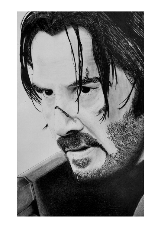 Hand-drawn portrait of Keanu Reeves as John Wick, dressed in a sleek black suit, holding a pistol, with a neon-lit background. A striking piece for action movie fans and collectors of modern cinema art.