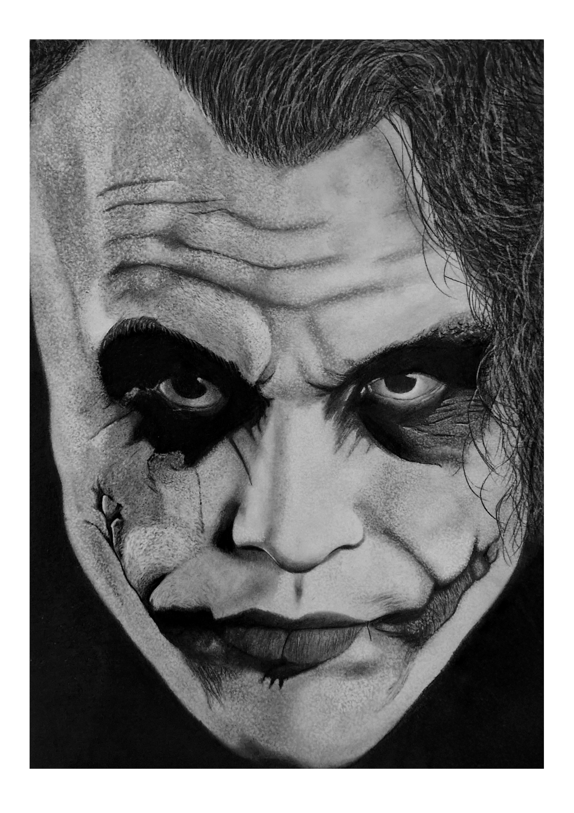 Hand-drawn portrait of Heath Ledger as the Joker from The Dark Knight, with his menacing scarred smile and smeared makeup, set in a gritty, dark Gotham backdrop. Perfect for fans of DC villains and cinematic masterpieces