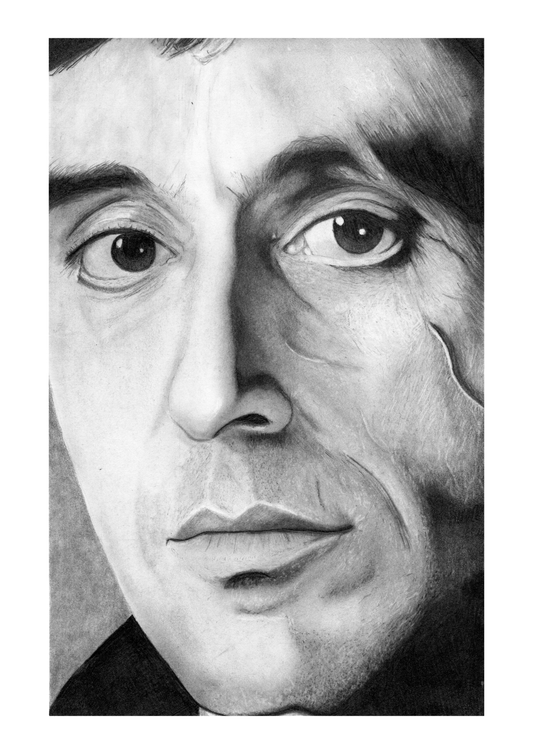 Hand-drawn portrait of Tony Montana from Scarface, holding a machine gun, with his intense gaze and a fiery background. An essential piece for fans of classic gangster films and Al Pacino’s iconic roles