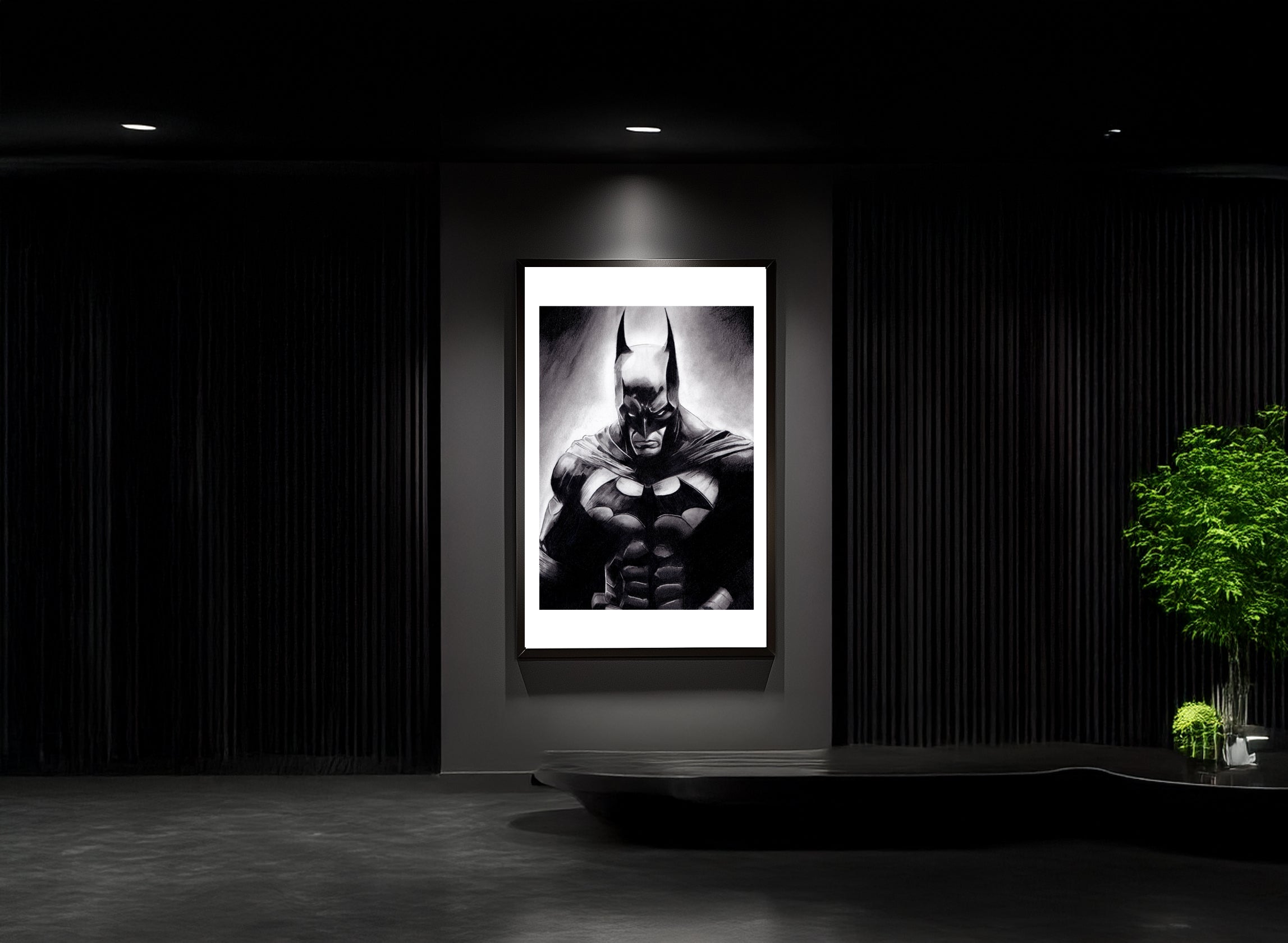 Hand-drawn portrait of Batman in his iconic black suit, standing in Gotham City with the Bat-Signal shining in the sky. Perfect for DC Comics fans and collectors of superhero art